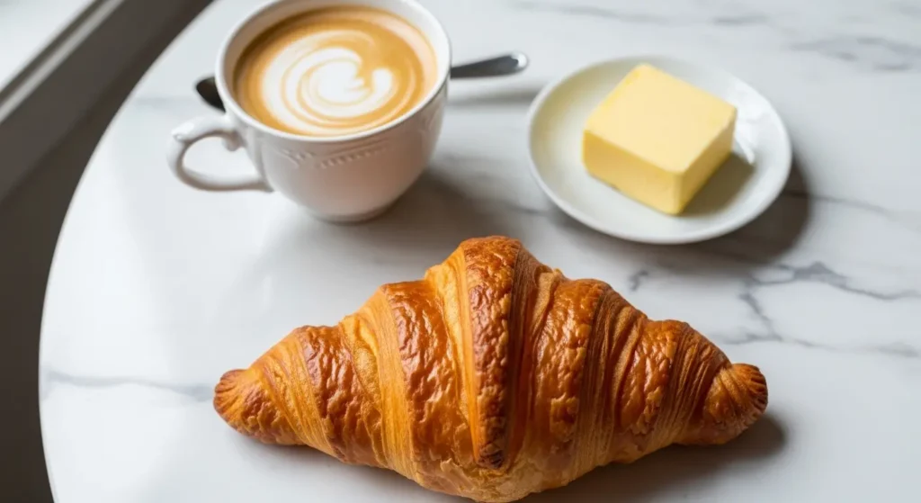 Traditional French breakfast with croissant and coffee on a marble table By Yaz Explore | YazExplore