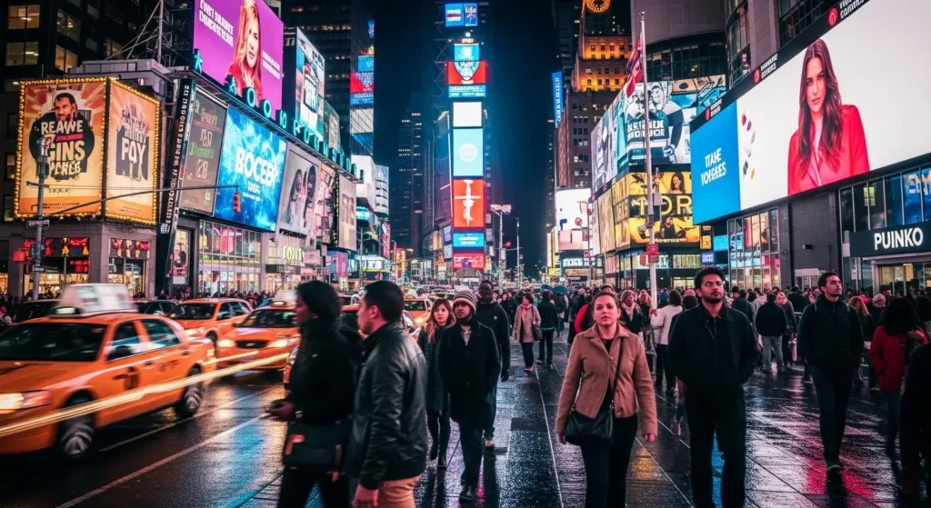 The bright, neon lights and bustling crowds of Times Square at night, a popular tourist destination for a first United States vacation By Yaz Explore | YazExplore
