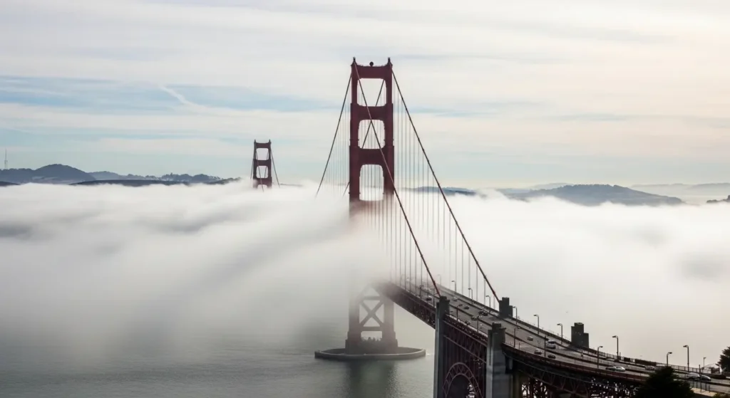The majestic Golden Gate Bridge in San Francisco partially covered in its characteristic fog, a classic view for any West Coast road trip By Yaz Explore | YazExplore