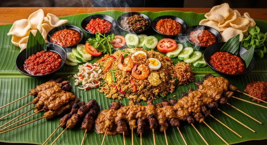 Traditional Indonesian street food feast featuring Nasi Goreng, Satay skewers, and spicys ambalonabananaleaf