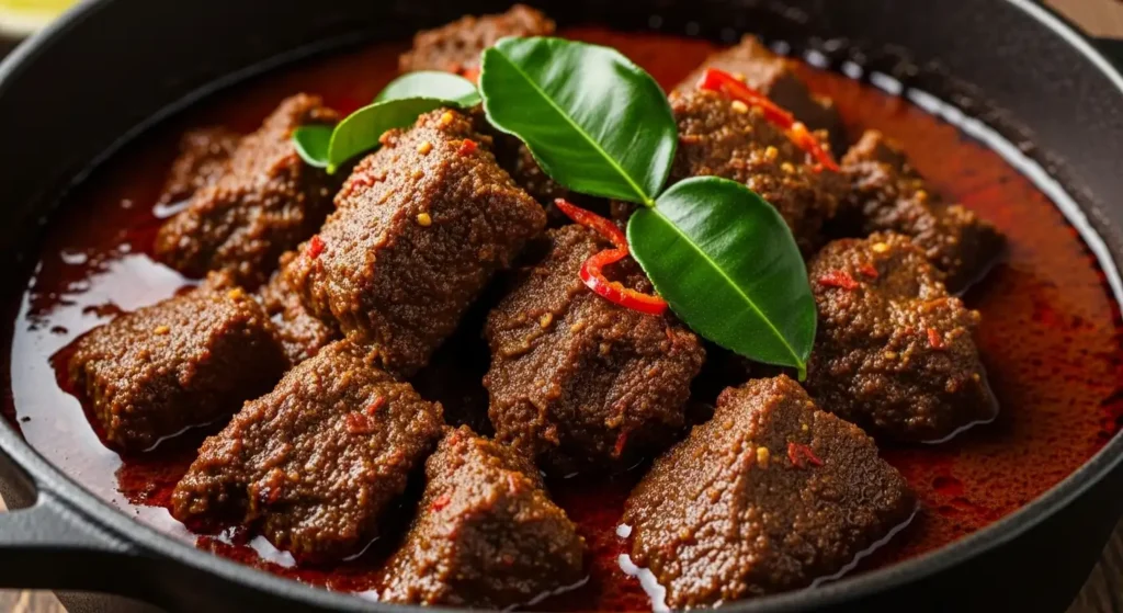 Close−upofauthenticIndonesianBeefRendangsimmeringinarichcoconutmilkandspicecurry