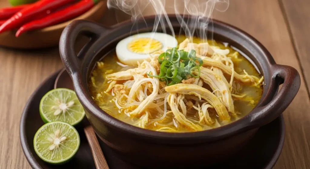 AcomfortingbowlofIndonesianSotoAyamchickensoupwithturmericyellowbrothandfreshlimegarnishes