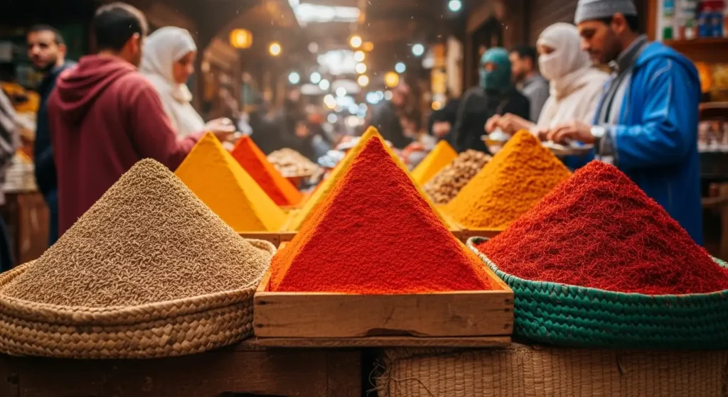 EXPLORE - Morocco’s Food Made Easy| Your Simple Guide to Tagines, Couscous & More 🇲🇦🍲 Colorful pyramids of fresh spices in a traditional Moroccan market