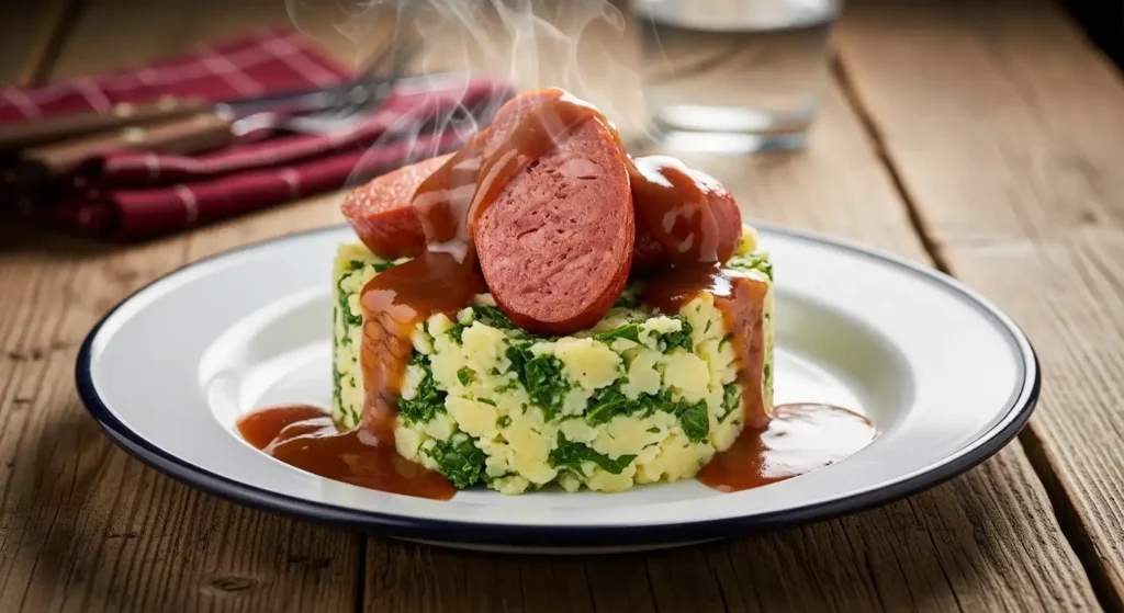 Traditional Dutch Stamppot Boerenkool with smoked sausage and gravy