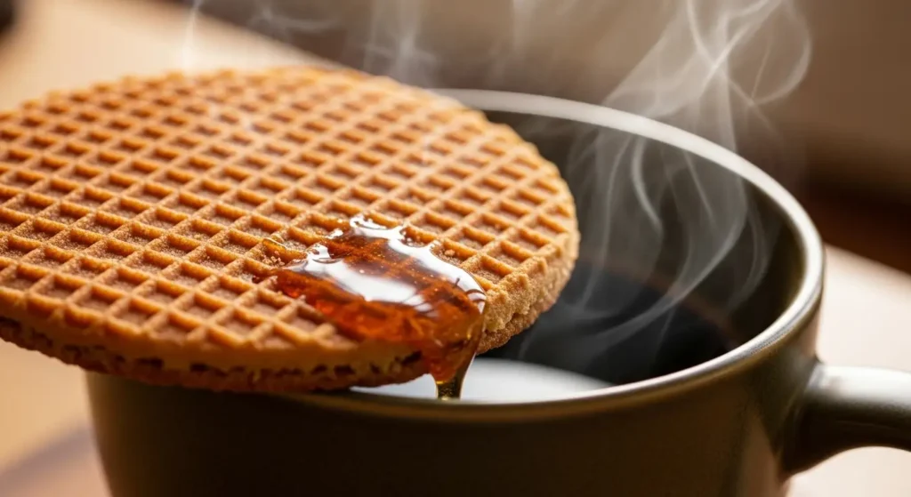 Dutch stroopwafel melting over a hot cup of coffee
