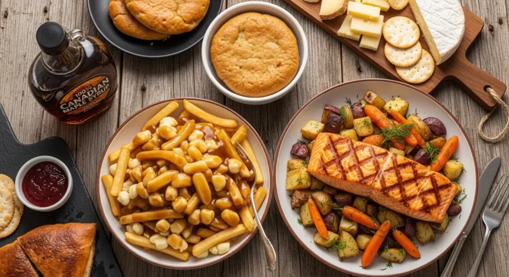 EXPLORE - 🇨🇦 Canada’s Food| A Beginner’s Guide to the Tasty Secrets You Need to Try 🍁 Classic Canadian food spread featuring authentic poutine, fresh maple syrup, and Pacific salmon on a wooden table