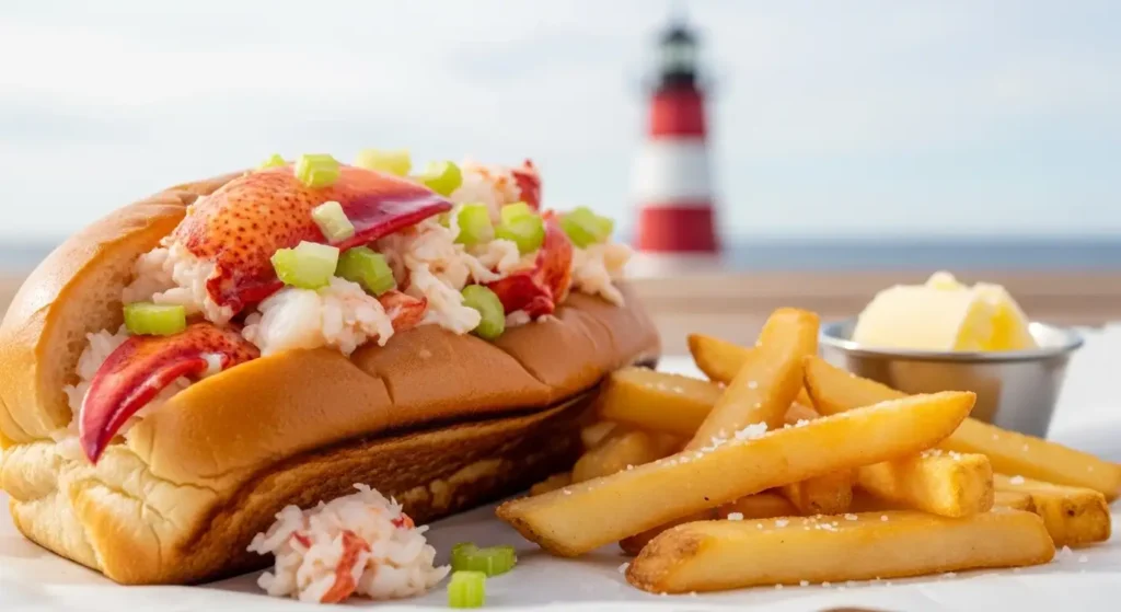 EXPLORE - 🇨🇦 Canada’s Food| A Beginner’s Guide to the Tasty Secrets You Need to Try 🍁 Fresh Atlantic Canada lobster roll served with fries near a lighthouse in Nova Scotia