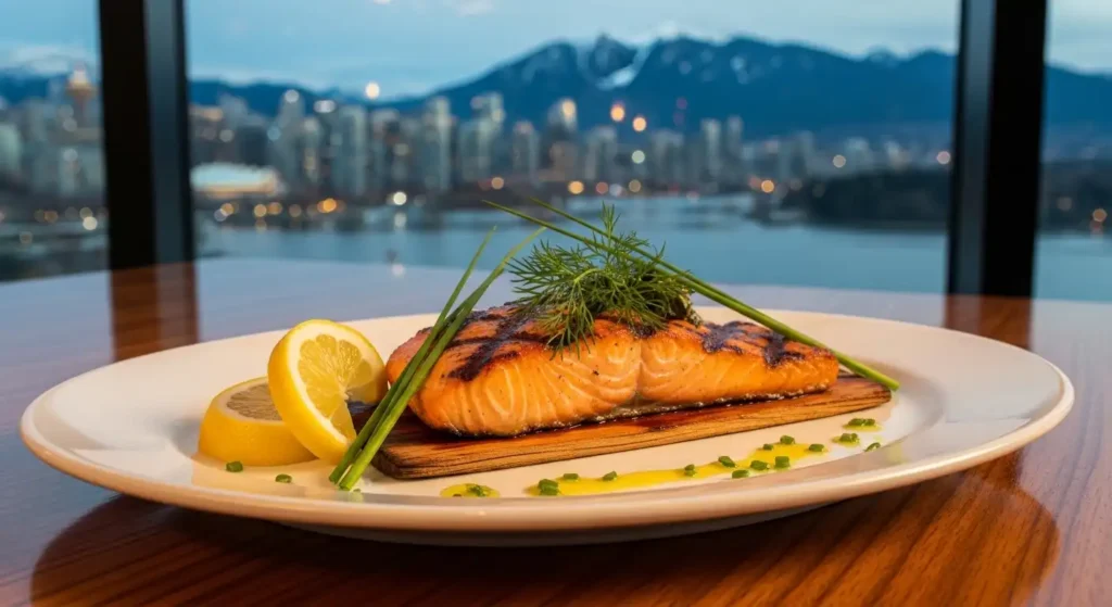 EXPLORE - 🇨🇦 Canada’s Food| A Beginner’s Guide to the Tasty Secrets You Need to Try 🍁 Cedar-plank grilled wild Pacific salmon served in a Vancouver restaurant with mountain views