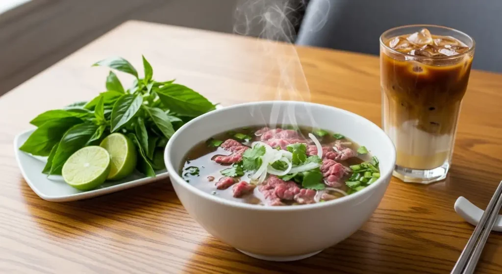 TraditionalVietnamesefoodspreadfeaturingabowlofbeefPho,freshherbs,andicedcoffeeonawoodentable
