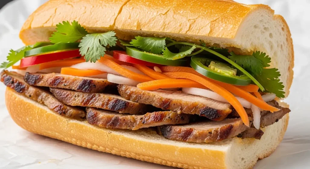 Close−upofanauthenticVietnameseBanhMisandwichfilledwithmeatsandfreshvegetables