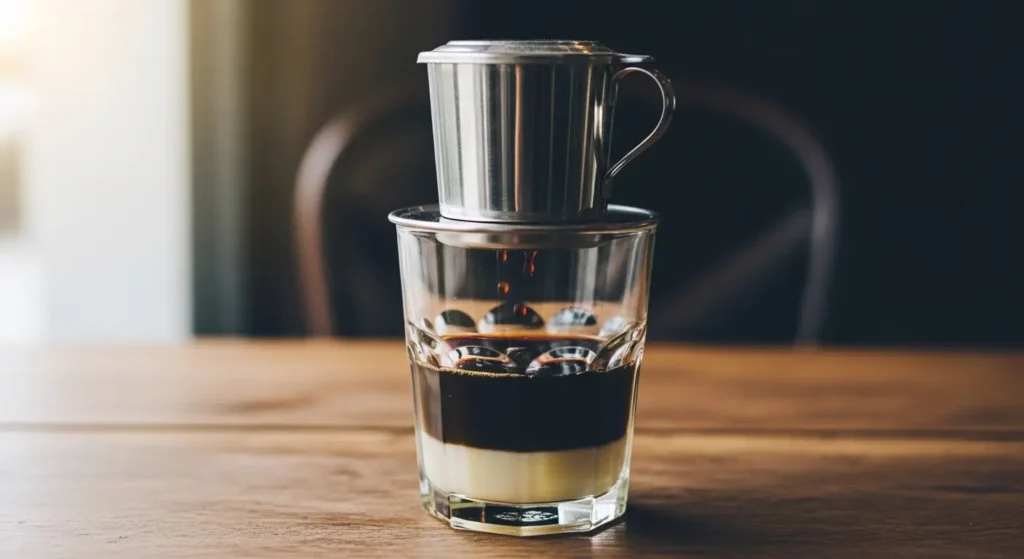 TraditionalVietnameseicedcoffeebeingbrewedusingametalphinfilterovercondensedmilk