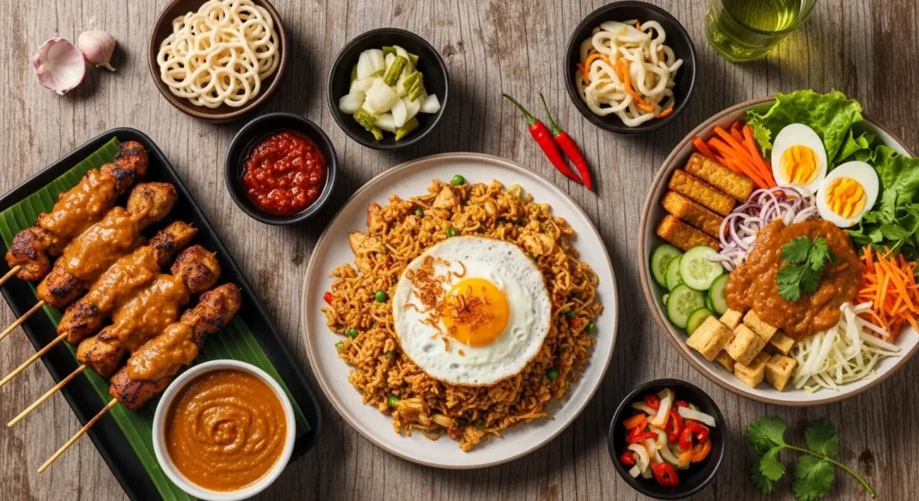 Delicious traditional Indonesian food including Nasi Goreng and Sate for vacationers