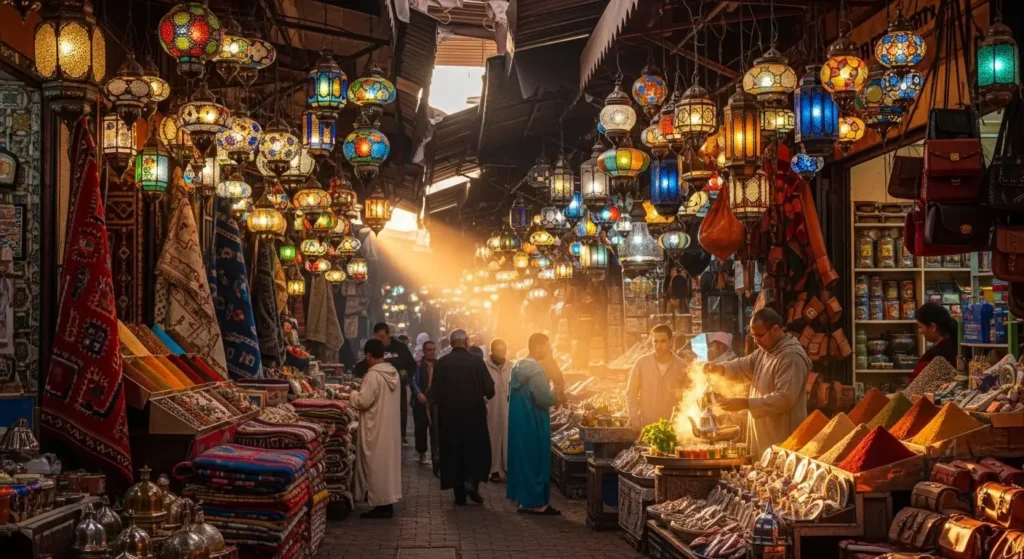 EXPLORE - Morocco Vacation Planning Made Easy| A Proven Guide for Beginners ๐ฒ๐ฆโจ Colorful lanterns and traditional woven carpets in a bustling Moroccan market souk
