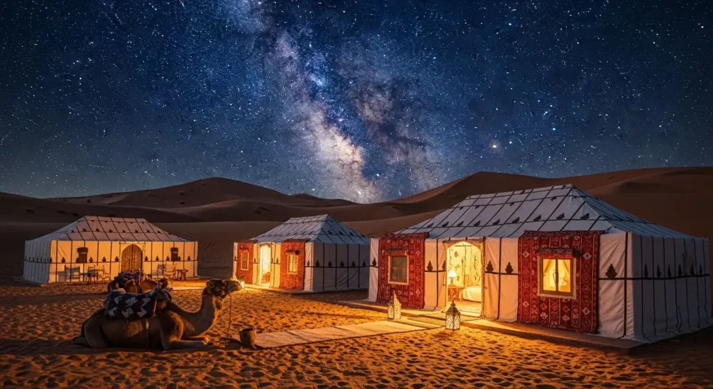 EXPLORE - Morocco Vacation Planning Made Easy| A Proven Guide for Beginners ๐ฒ๐ฆโจ Luxury Berber desert camp and camel in the Sahara Desert sand dunes at night in Merzouga, Morocco.