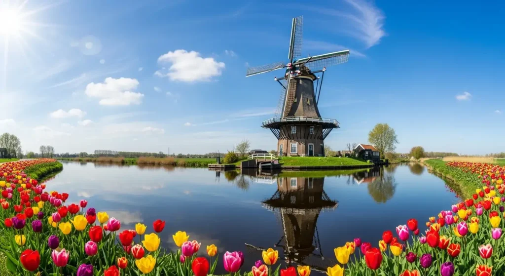 Traditional Dutch windmill and colorful spring tulip fields reflecting in a tranquil canal during a Netherlands vacation