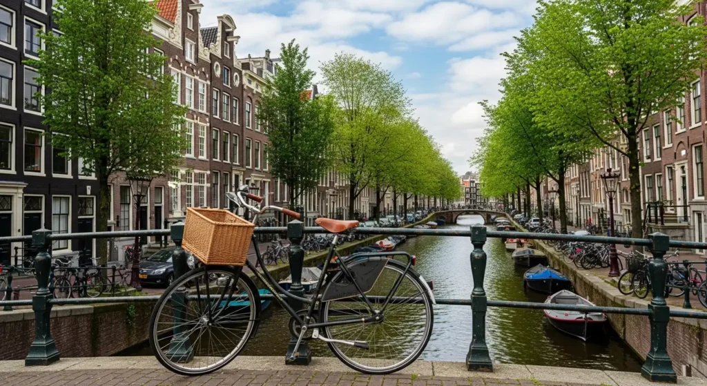 A vintage bicycle parked on a canal bridge overlooking historic Dutch houses in Amsterdam