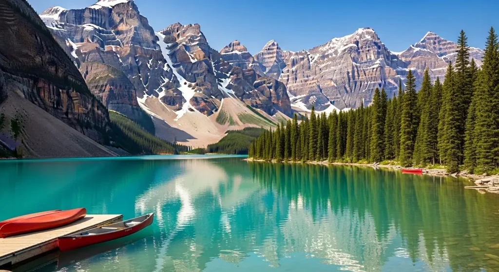 A scenic view of a turquoise glacial lake in the Canadian Rockies for a Canada vacation planner