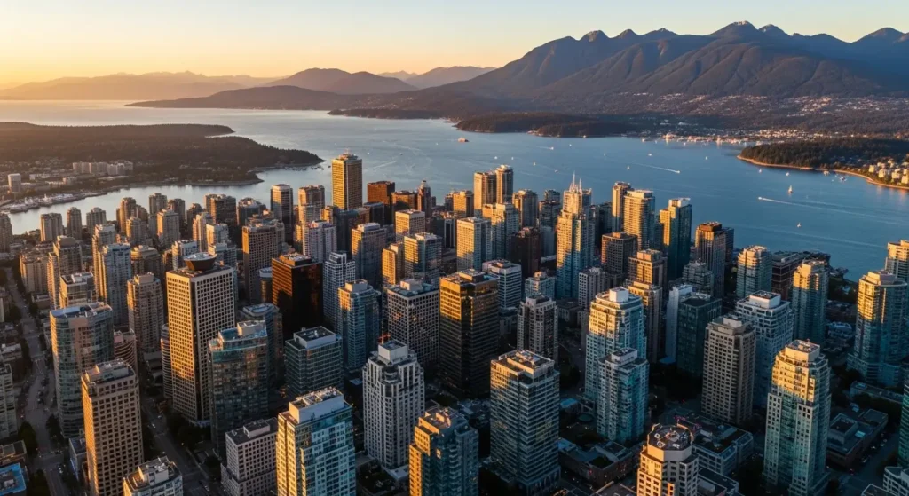 Vancouver skyline with mountains in the background during a West Coast Canada trip