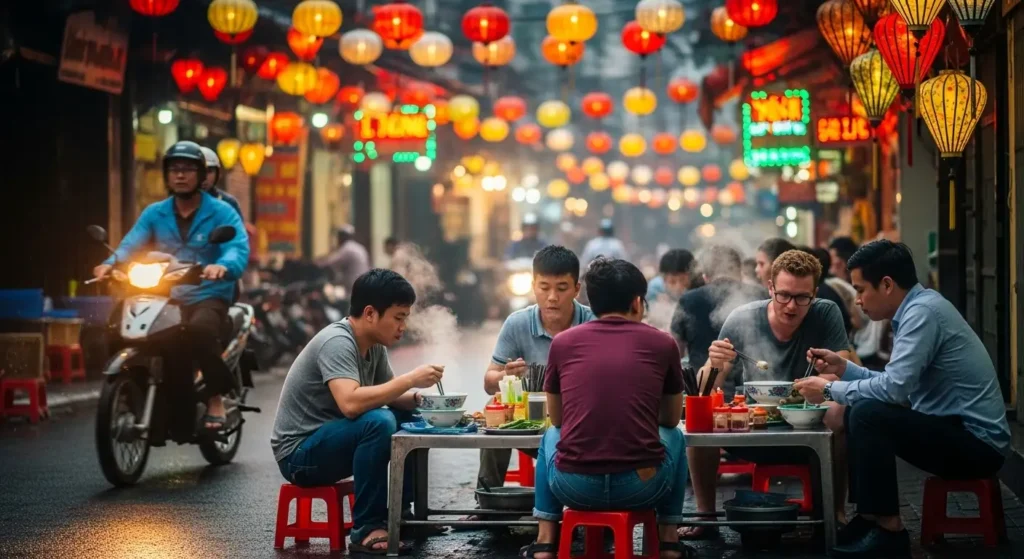 Bustling street food scene and tourists dining on plastic stools in Hanoi during a Vietnam vacation