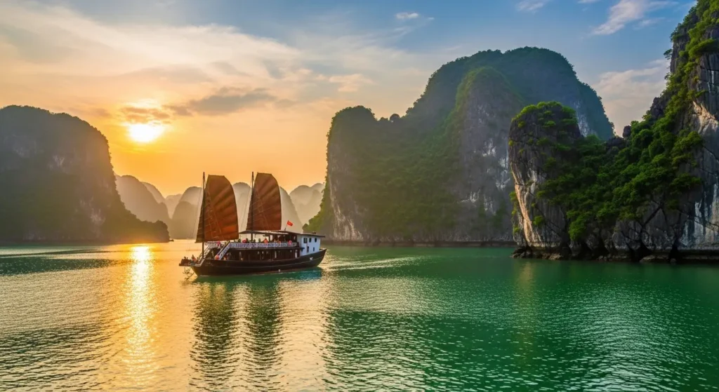 Traditional junk boat sailing through the limestone karsts of Ha Long Bay, a must-see on a Vietnam itinerary