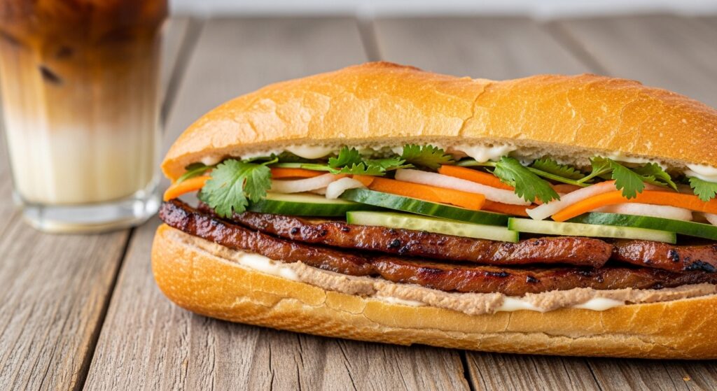 Delicious Banh Mi sandwich and iced coffee highlighting authentic Vietnamese street food
