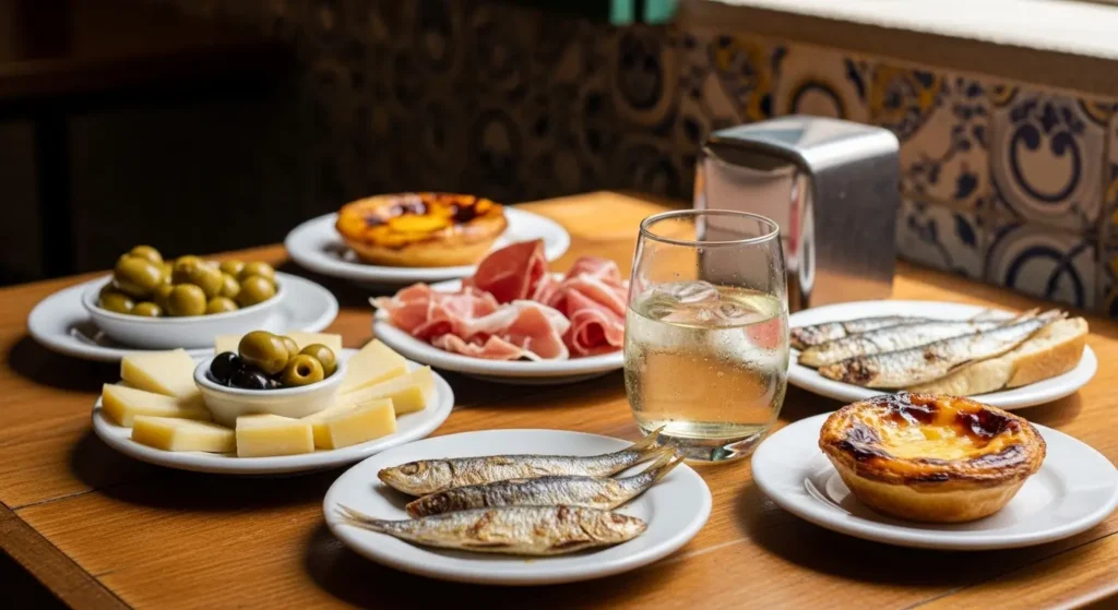 EXPLORE - A Beginner’s Guide to the Soulful World of Portugal’s Food 🇵🇹🍽️ Traditional Portuguese food spread on a table in Lisbon featuring pastéis de nata and Vinho Verde