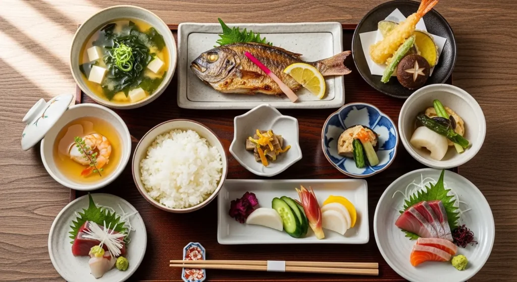 EXPLORE - π―π΅ Your Proven Guide to Japanese Food| Unlock a World of Flavor π£ Traditional Japanese washoku meal spread showcasing ichiju-sansai philosophy with soup, rice, and seasonal side dishes