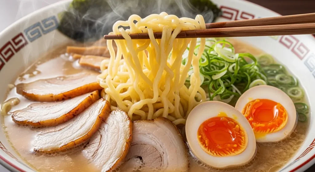 EXPLORE - π―π΅ Your Proven Guide to Japanese Food| Unlock a World of Flavor π£ Close-up of authentic Japanese Tonkotsu ramen in a ceramic bowl with chopsticks lifting noodles, chashu pork, and ajitsuke tamago