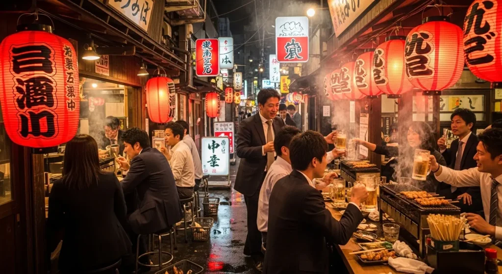 EXPLORE - π―π΅ Your Proven Guide to Japanese Food| Unlock a World of Flavor π£ Vibrant Japanese Izakaya alley at night with red paper lanterns and people enjoying yakitori and drinks