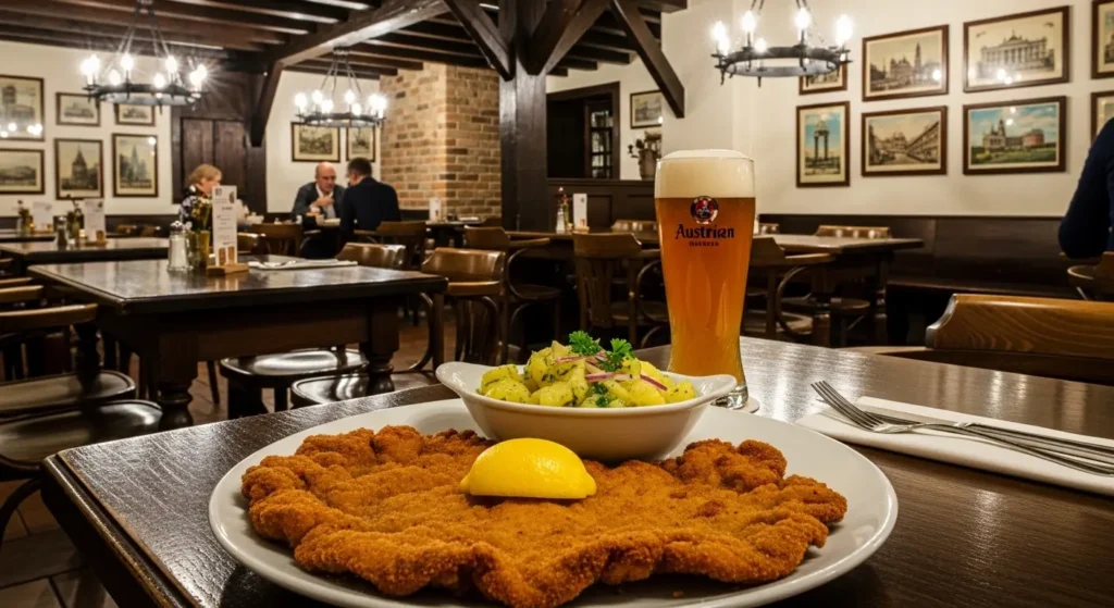 Traditional Wiener Schnitzel served with potato salad and beer in a cozy Viennese Gasthaus