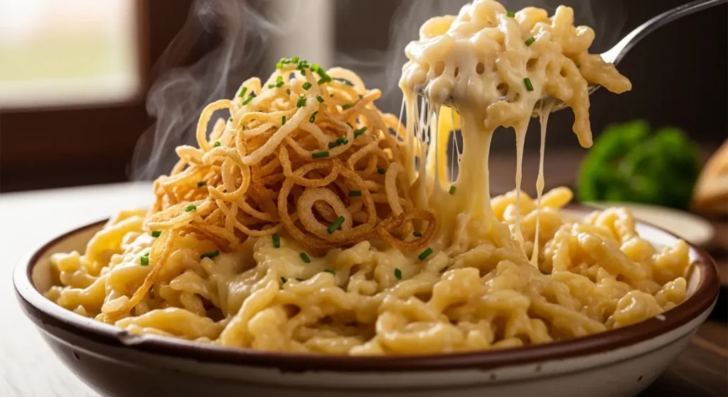 Close-up of authentic Austrian Käsespätzle with melted mountain cheese and crispy fried onions