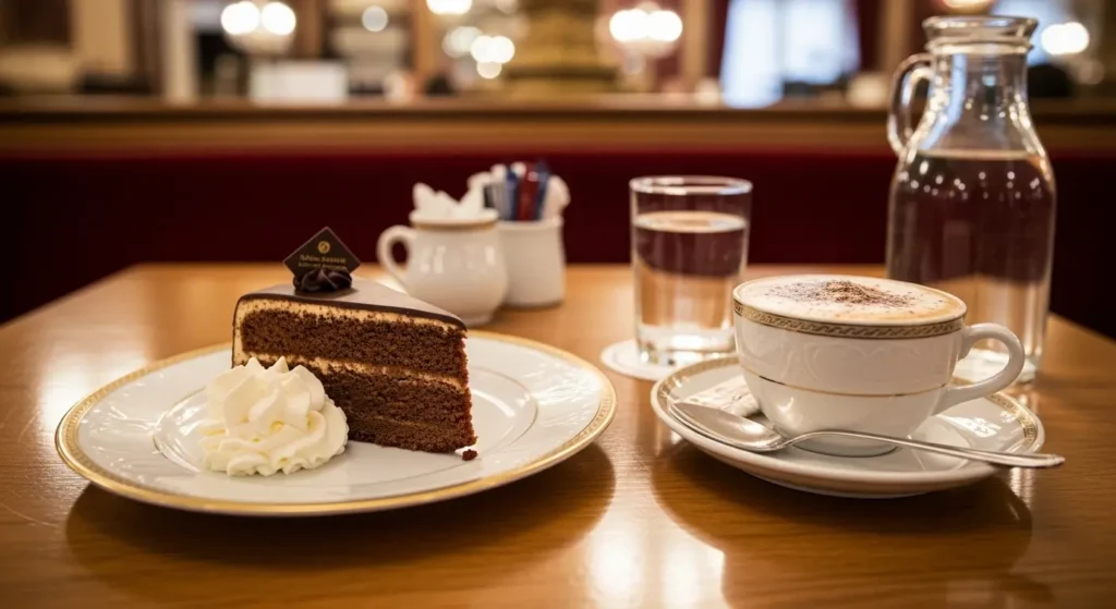 Slice of famous Viennese Sachertorte cake with whipped cream and a Melange coffee