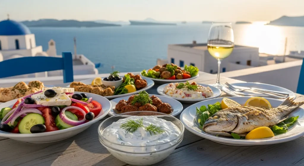 Traditional Greek food spread on a taverna table overlooking the Aegean Sea