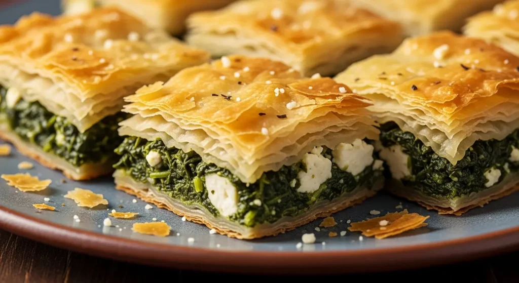 Close-up of freshly baked authentic Greek spanakopita with flaky phyllo crust