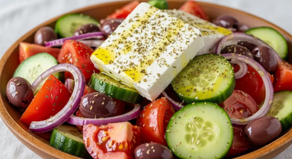 Authentic Greek Horiatiki salad with tomatoes, olives, and a large block of feta cheese