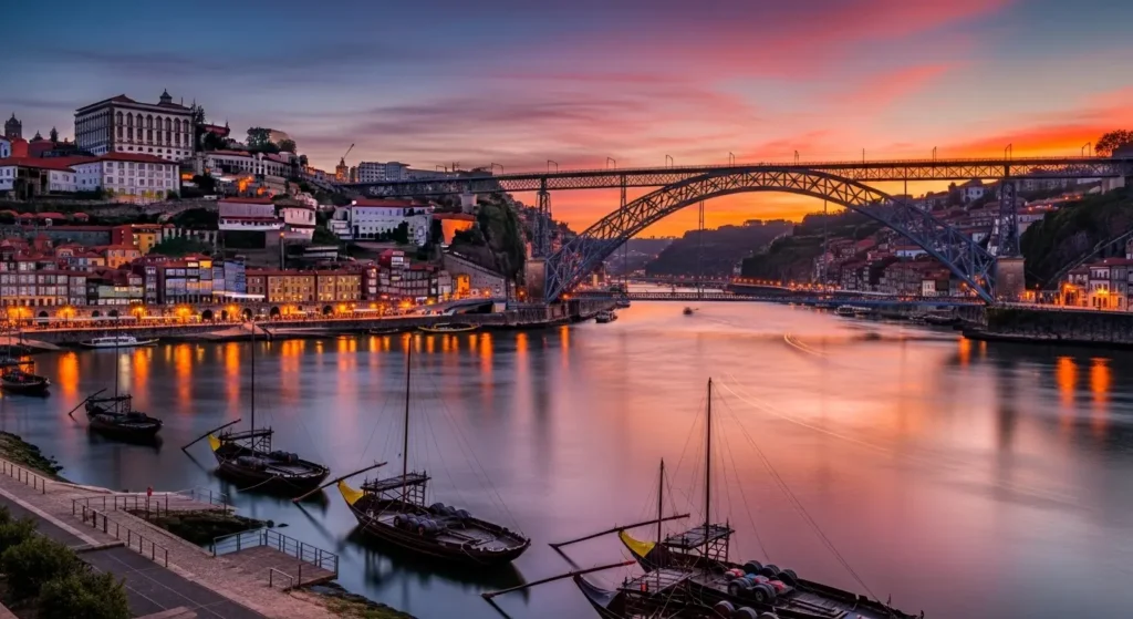 Scenic sunset view of the Douro River, Dom Luís I Bridge, and historic port wine cellars in Porto, Portugal
