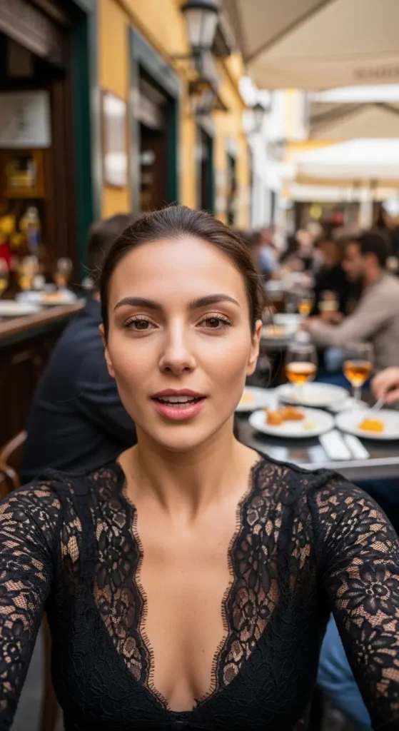 EXPLORE - Spain Food: More Than Just Paella & Tapas An excited influencer vlogs from inside a vibrant Spanish food market, with colorful stalls of jamón ibérico and fresh produce showcased behind her. #SpainFood #SpanishCuisine #FoodTravelGuide #BeginnerTravel #Tapas #Paella #TravelSpain #FoodBlog #CulinaryTourism #SpainForBeginners #EEAT