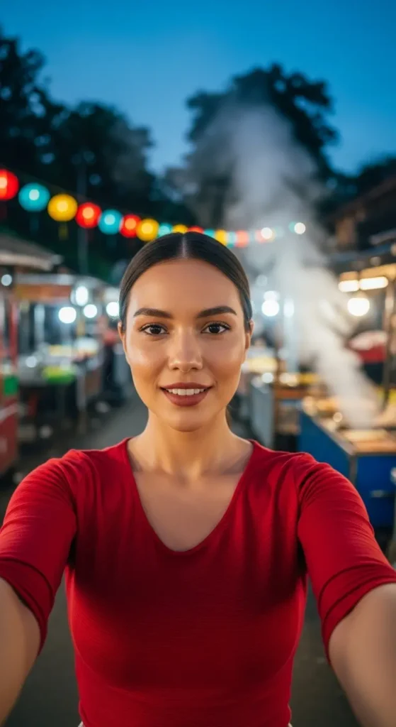 EXPLORE -  Indonesian Food for Beginners: Your Easy Guide to the Best Dishes An elegant influencer smiling while introducing the vibrant world of Indonesian food from a bustling night market . Indonesian cuisine, beginner's guide, Southeast Asian food, nasi goreng, gado gado, soto ayam, cooking tips, travel food, recipes, food culture,