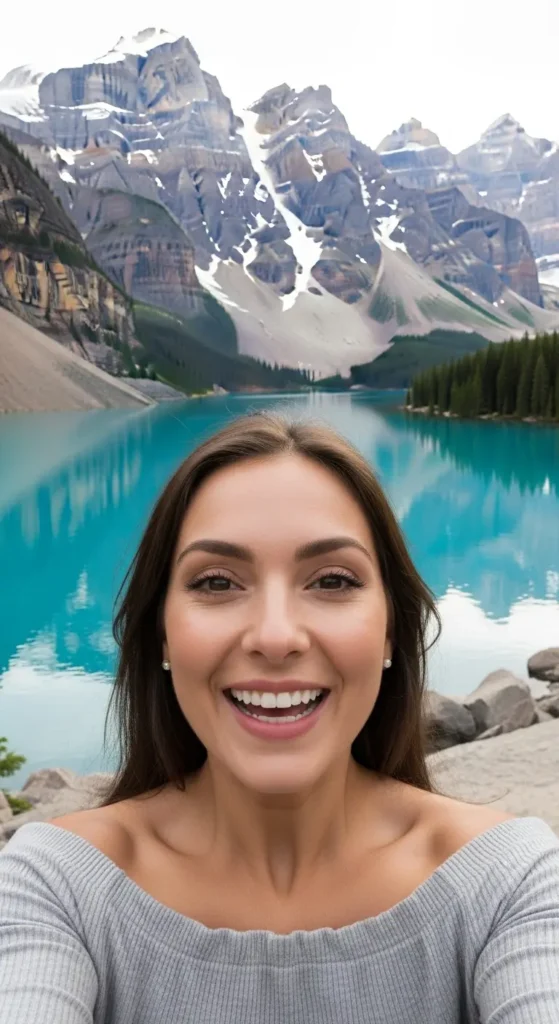 EXPLORE - Canada Vacation: Your Easy, Step-by-Step Planner for an Unforgettable Trip An elegant influencer vlogging about her Canada vacation with the Vancouver skyline and mountains behind her.  Canada travel, Canada vacation planning, Canadian tourism, Banff National Park, Vancouver travel, Quebec City, Maritimes Canada, Canadian Rockies, travel tips for Canada, things to do in Canada.