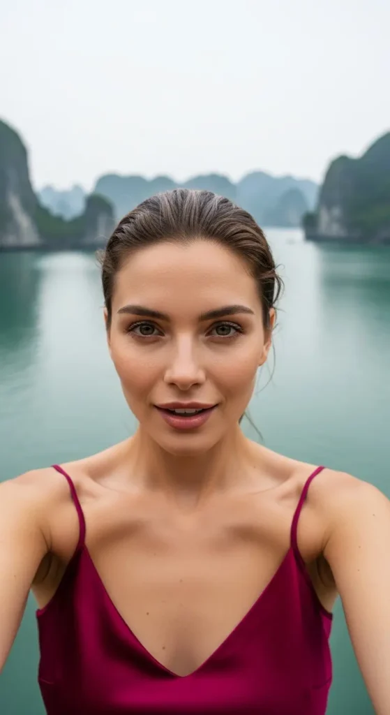 EXPLORE - Essential Vietnam Vacation Tips: Your Easy Plan for an Unforgettable Trip A smiling influencer discussing her Vietnam vacation with the scenic limestone karsts of Ha Long Bay behind her. Vietnam travel, Southeast Asia tourism, travel guide for beginners, vacation planning, Hanoi travel, Ho Chi Minh City, Ha Long Bay cruise, Hoi An ancient town, Vietnamese culture, Vietnamese food, budget travel Asia, solo female travel, adventure travel,