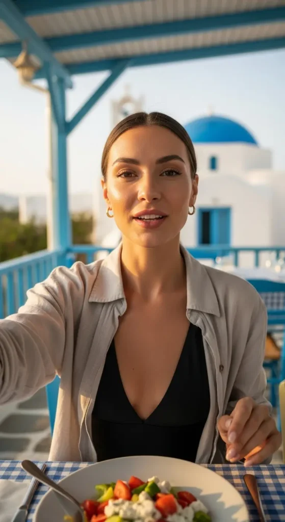 EXPLORE - Guide to Greek Food: Easy Recipes & Must-Try Dishes A confident woman smiling while talking about Greek food on a sunny taverna terrace in Greece, with a traditional salad and white buildings behind her greek food, mediterranean diet, greek cuisine for beginners, greek recipes, food travel, eating in greece, greek culture, cooking tips, healthy eating, food blog, .
