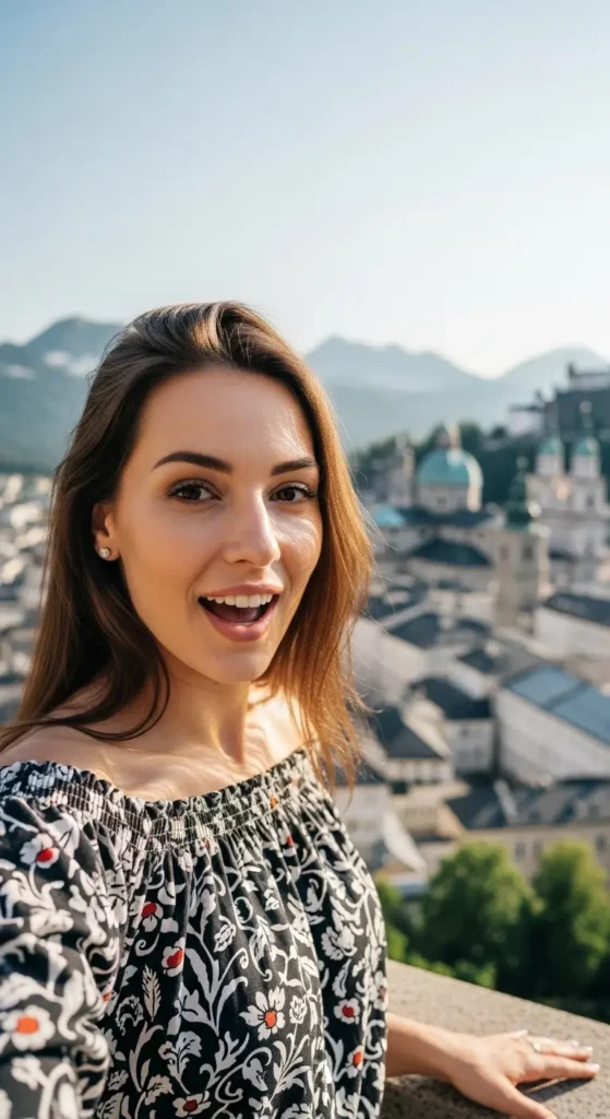 EXPLORE - Austria Vacation: Your Ultimate Guide to Alpine Magic & Cultural Gems An excited influencer discussing her Austria vacation with a view of Salzburg from the Hohensalzburg Fortress.Salzburg travel, Sound of Music, fortress views, European city breaks, travel tips, influencer recommendation, historic sites, mountain cities, Austria vacation,
