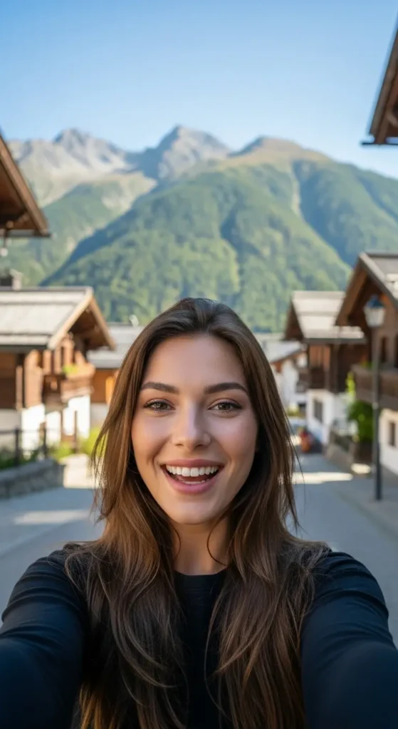 EXPLORE - Discover Austrian Food: Your Ultimate Beginner's Guide & Must-Try Dishes An elegant influencer discussing Austrian food with a charming Alpine village and mountains in the background.Austrian food, Alpine food, Tyrol travel, Austrian mountains, travel vlog, hearty food, European travel, village life, .