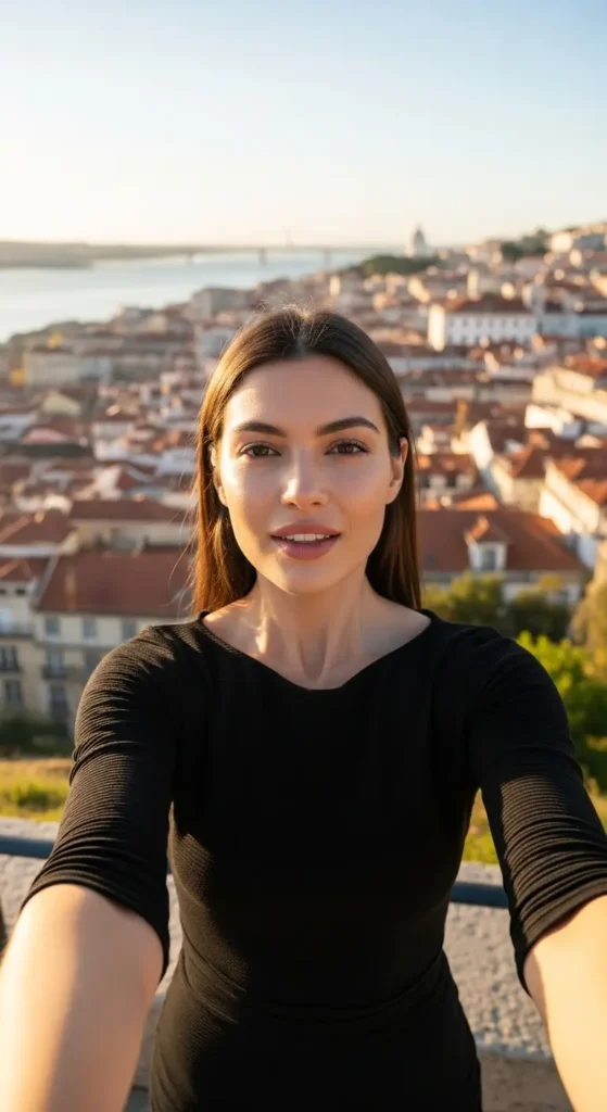 EXPLORE - Portugal's Food: More Than Just Pastéis de Nata An elegant influencer talking about Portugal's food with a Lisbon cityscape in the background Portugal travel, Portuguese cuisine, food guide, European food, travel tips, beginners guide, foodie adventure, Lisbon, Porto, Algarve, bacalhau, pastel de nata,