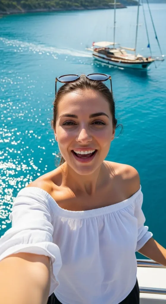 EXPLORE - Turkey Vacation Secrets: How to Plan Your Dream Trip (Beginner's Guide)  A joyful influencer on her turkey vacation with the turquoise Aegean Sea behind her. Turkey travel guide, beginner travel tips, vacation planning, Istanbul Cappadocia itinerary, Turkish culture, food travel, travel FAQ, budget travel,
