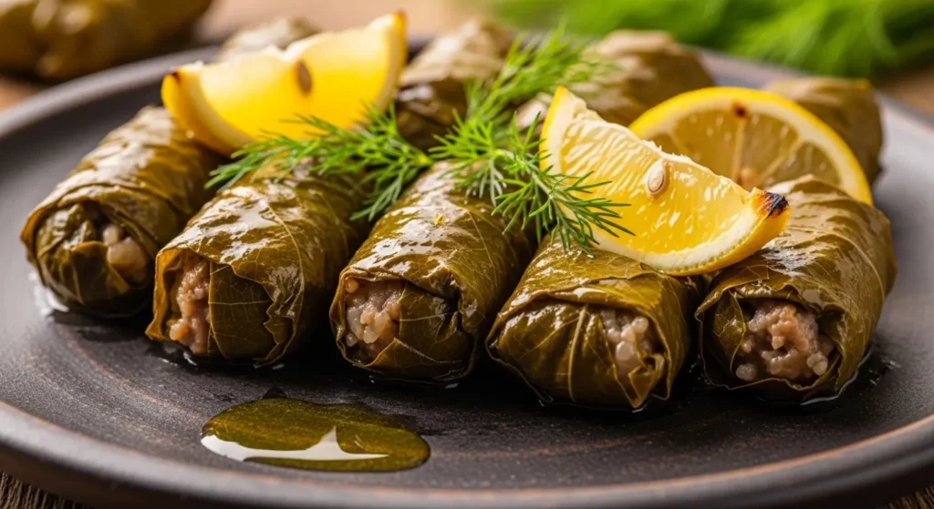 EXPLORE - ๐ฆ๐ฒ Armenian Food 101 Your Easy & Flavorful Beginner's Guide ๐ฅ Close-up of authentic Armenian Dolma stuffed grape leaves served with lemon wedges