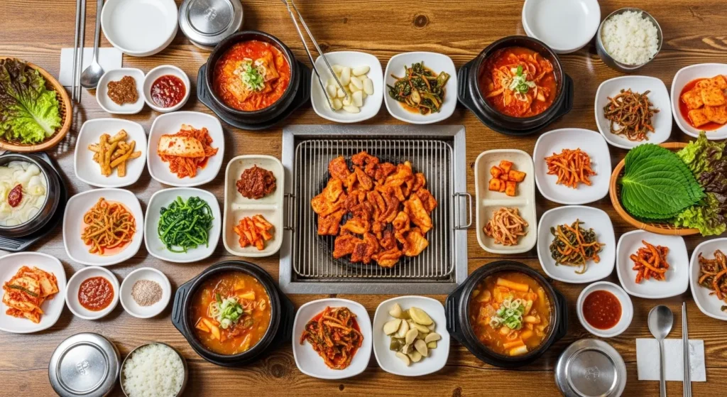 EXPLORE - π₯’ Beyond Kimchi Your Flavorful First Dive into South Korean Food Traditional South Korean food spread with kimchi, banchan, and Korean BBQ on a wooden table