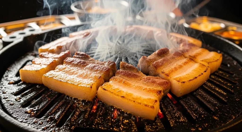 EXPLORE - π₯’ Beyond Kimchi Your Flavorful First Dive into South Korean Food Sizzling samgyeopsal pork belly on a Korean BBQ table grill