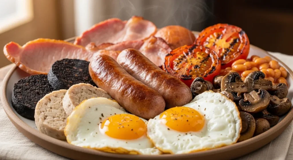 A traditional Full Irish Breakfast plate featuring rashers, sausages, black pudding, eggs, and tomatoes.