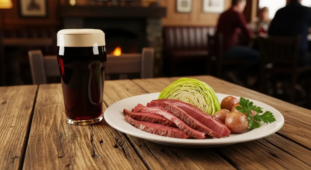 Traditional Irish food spread with corned beef, cabbage, and a pint of stout in a cozy Dublin pub